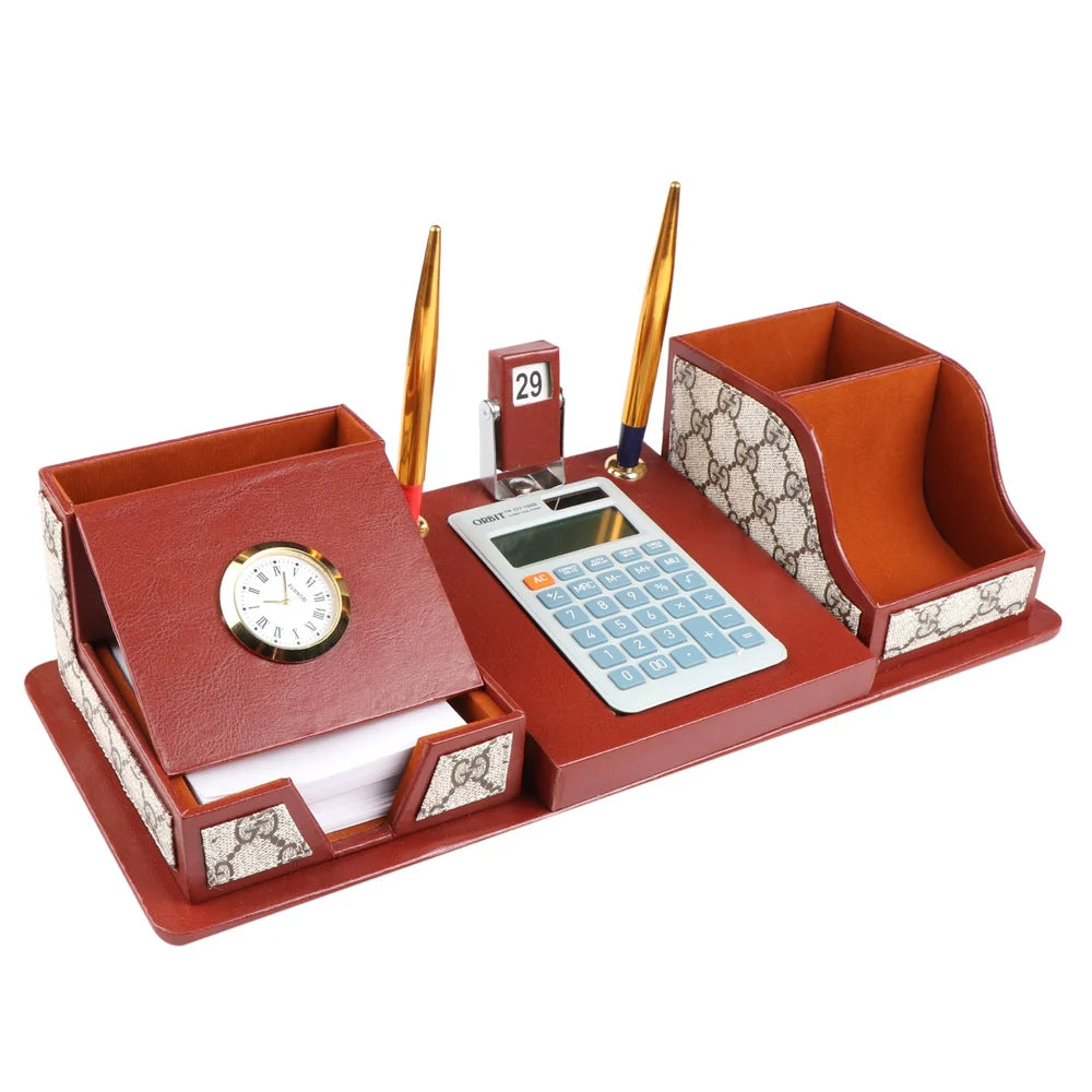 Executive Leather Desk Organizer with Calculator